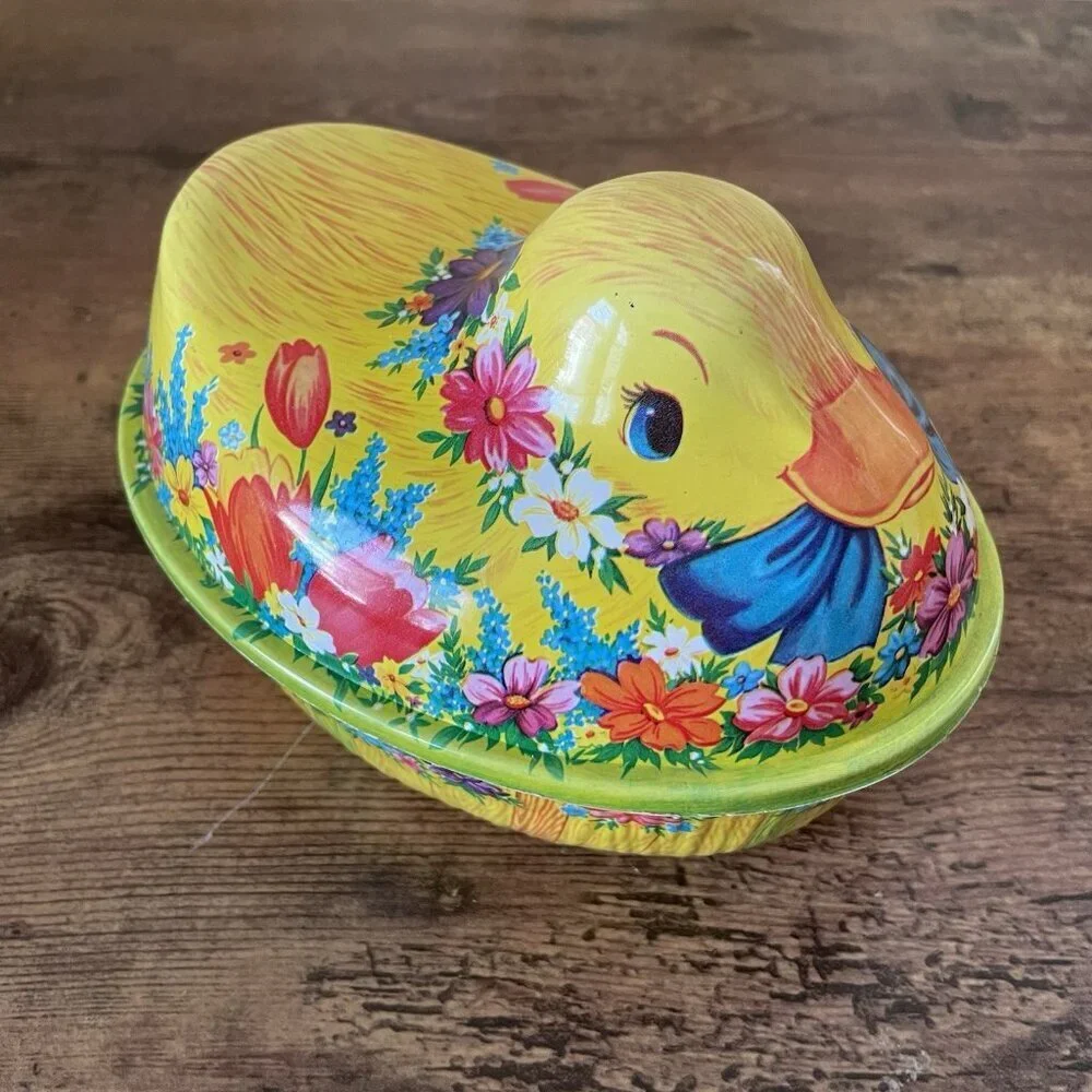 Vintage Ullman Easter Candy Container Duck on Nest Yellow Floral Molded Plastic