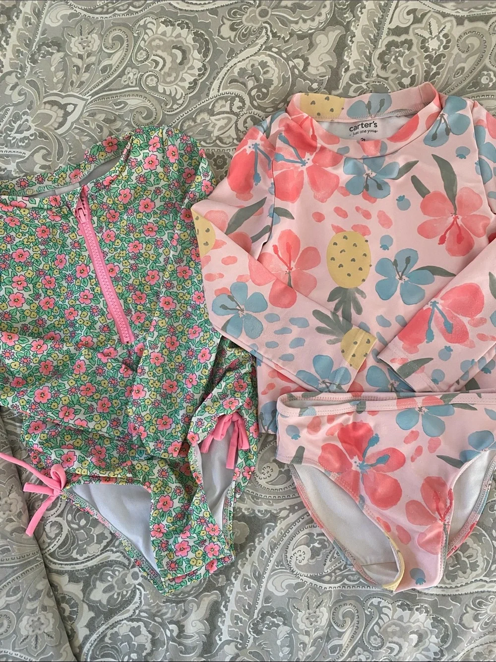 2T/3T Girls Rash Guard Swim Set Long-Sleeve Florals Green Pink Classic
