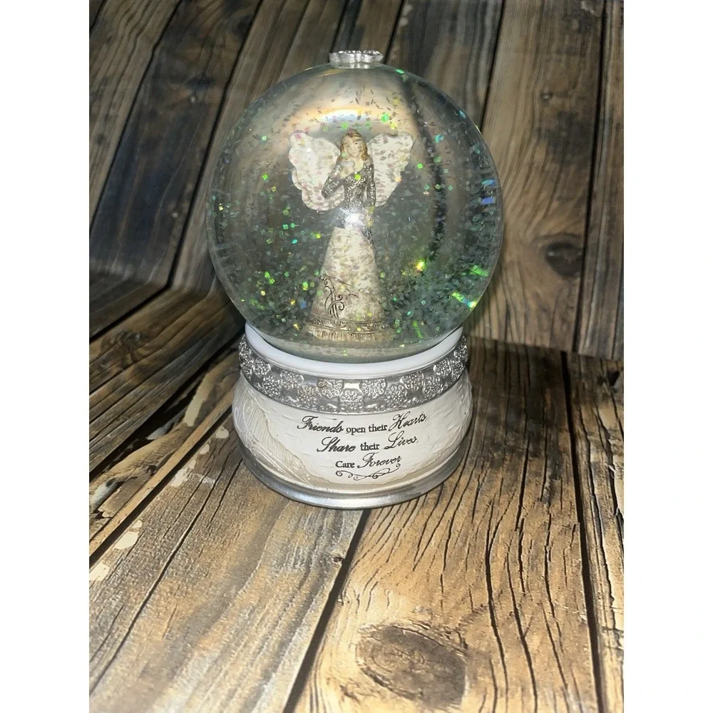 Angel Snow Globe Friends Open Their Hearts Iridescent Glitter Silver Base Decor