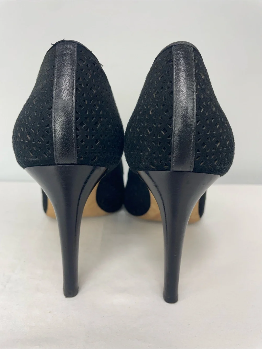 Tory Burch Black Laser-Cut Peep-Toe Pumps, Size 8.5