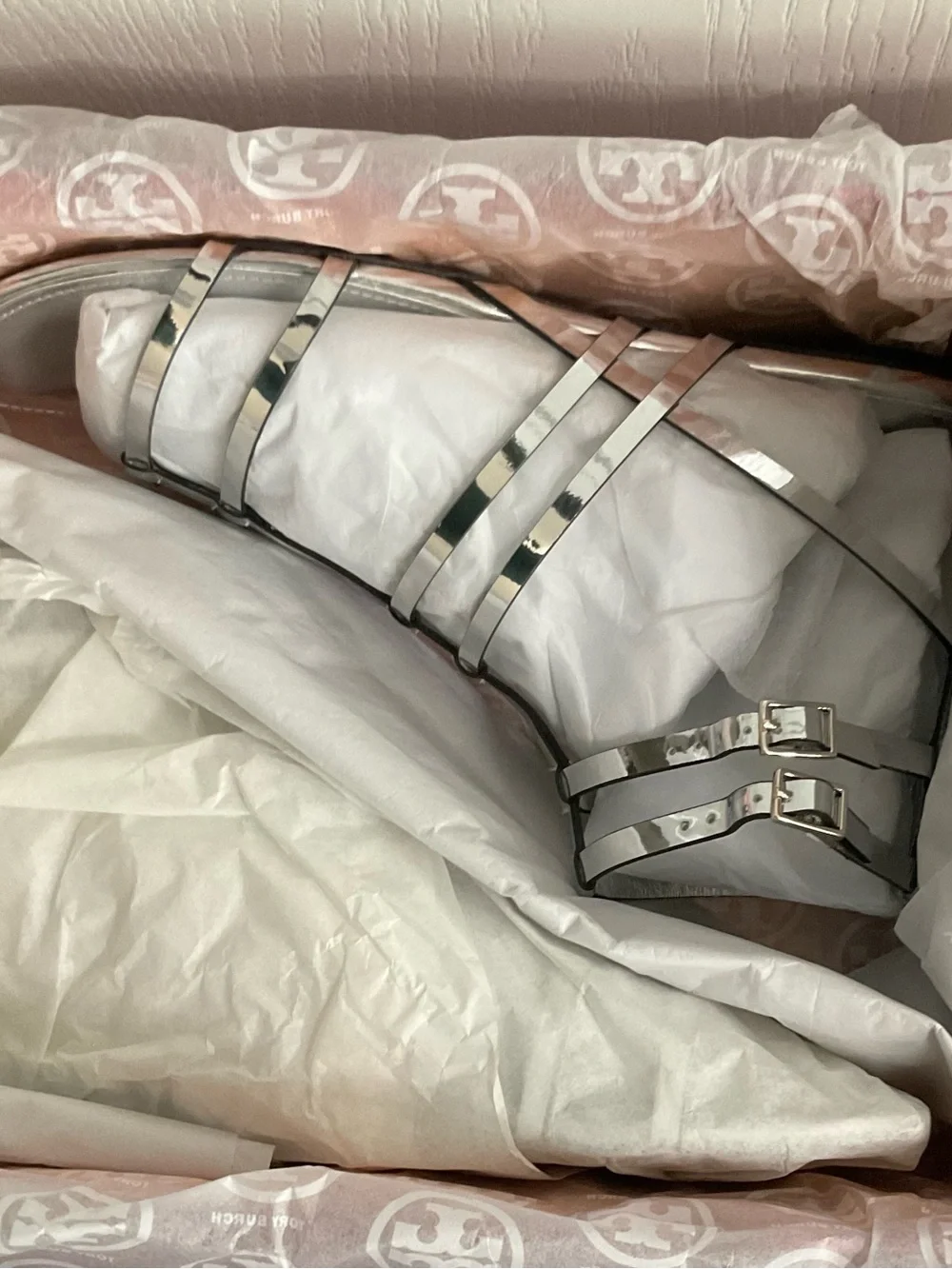 Tory Burch Capri Metallic Silver Gladiator Sandals size US9