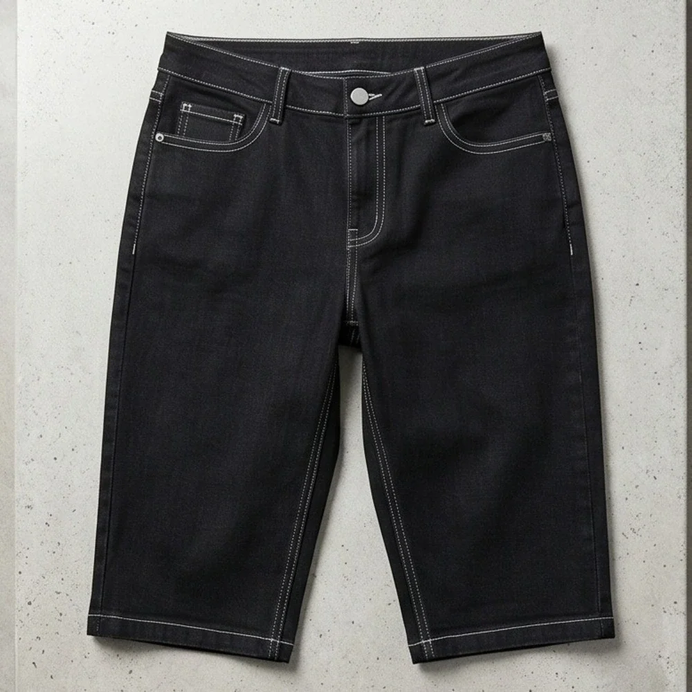 Chico's 3 Platinum Denim Black Bermuda‎ Shorts Contrast Stitch  XL Beach Jeans