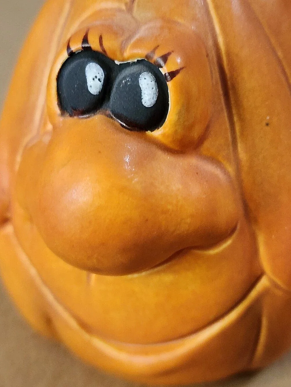Halloween Ceramic Anthropomorphic Pumpkin Silly Face Handpainted 3.75