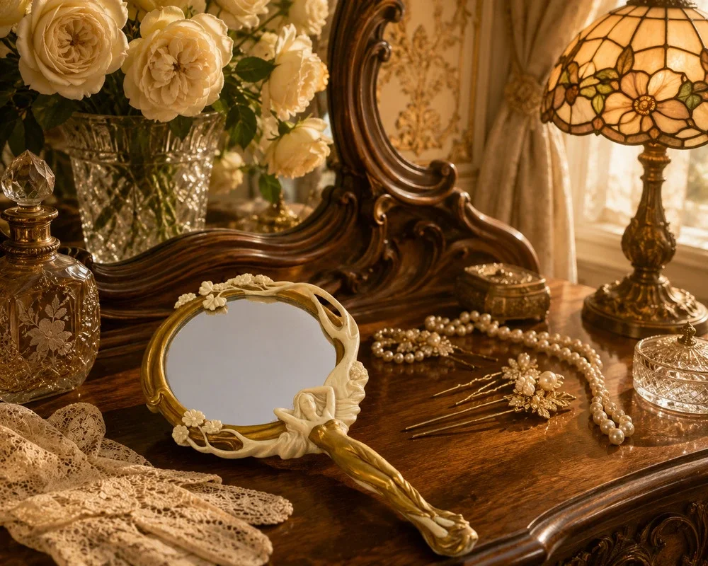 Art Nouveau Style Lady Hand Mirror Resin Vanity Mirror Gold Ivory Vintage 2004