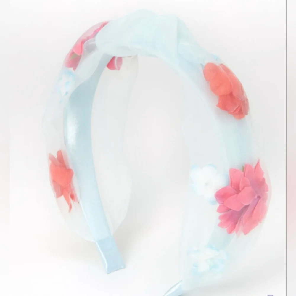 Claire's NWT Knotted Floral Headband - 3D Pink Flowers - Mint Sheer Fabric