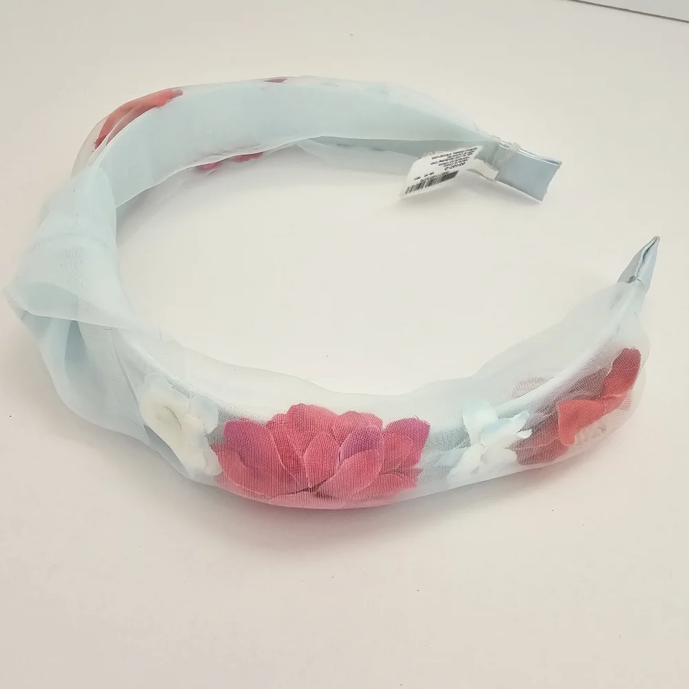 Claire's NWT Knotted Floral Headband - 3D Pink Flowers - Mint Sheer Fabric