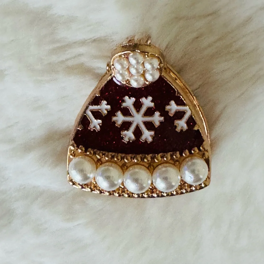 Mini Hair Claw Clip, Festive Red Snowflake Hat, pearls,red enamel,gold accent