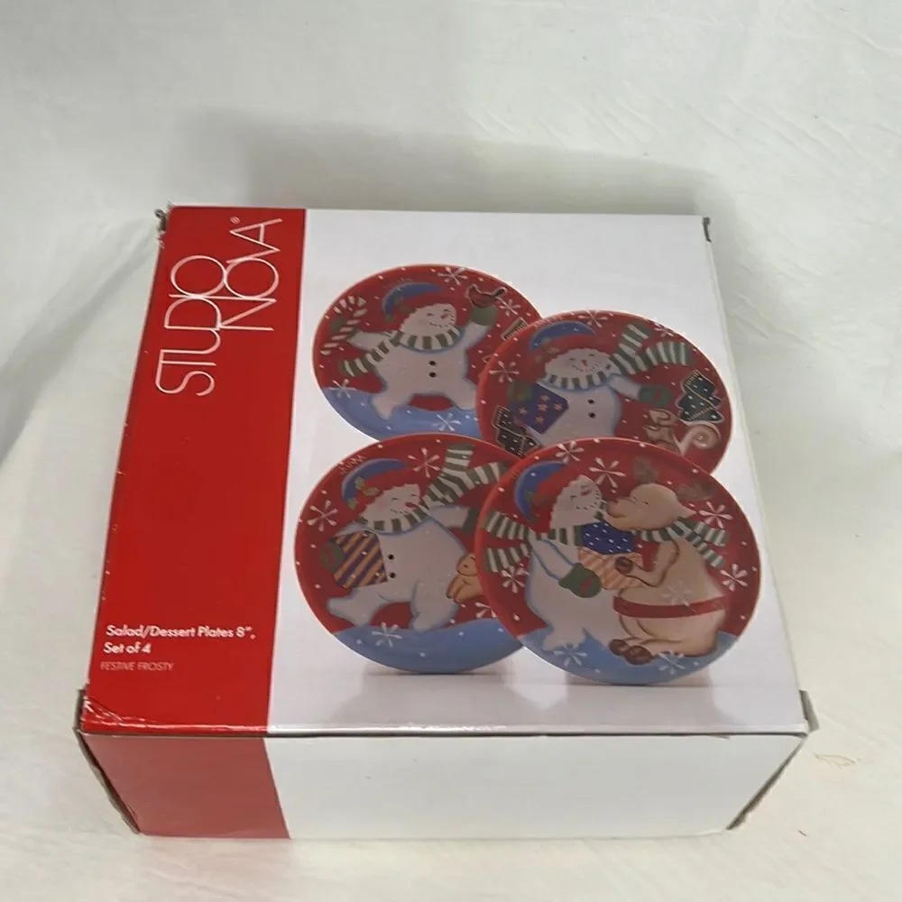Studio Nova Salad Dessert Plates 8 Inch Festive Frosty Set 4 Christmas Red Blue