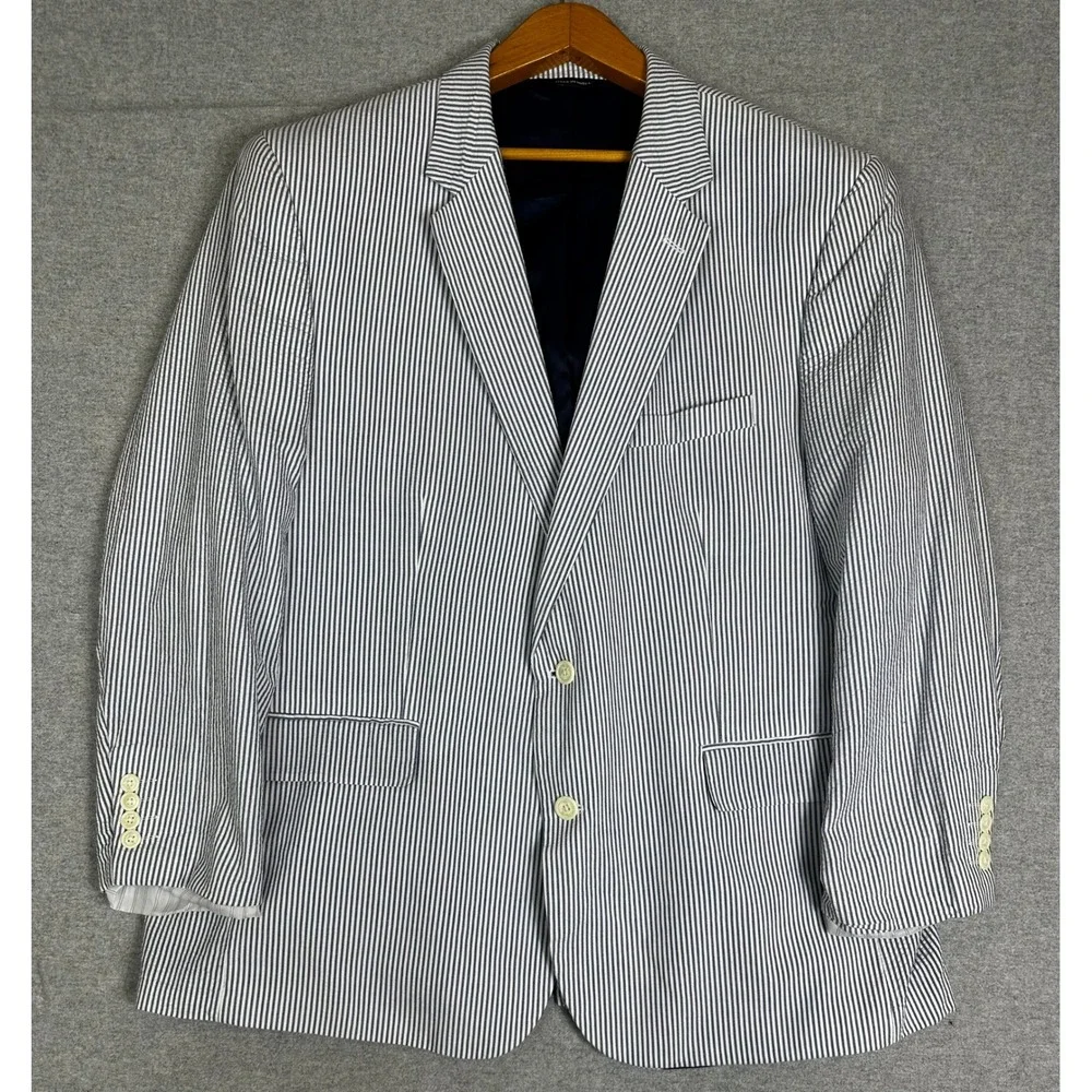 Croft Barrow Seersucker Blazer Mens 50R Blue White Striped Classic Fit Coat