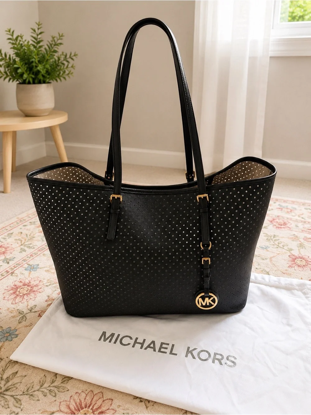 Michael Kors Black Perforated Tote with Gold Logo Charm