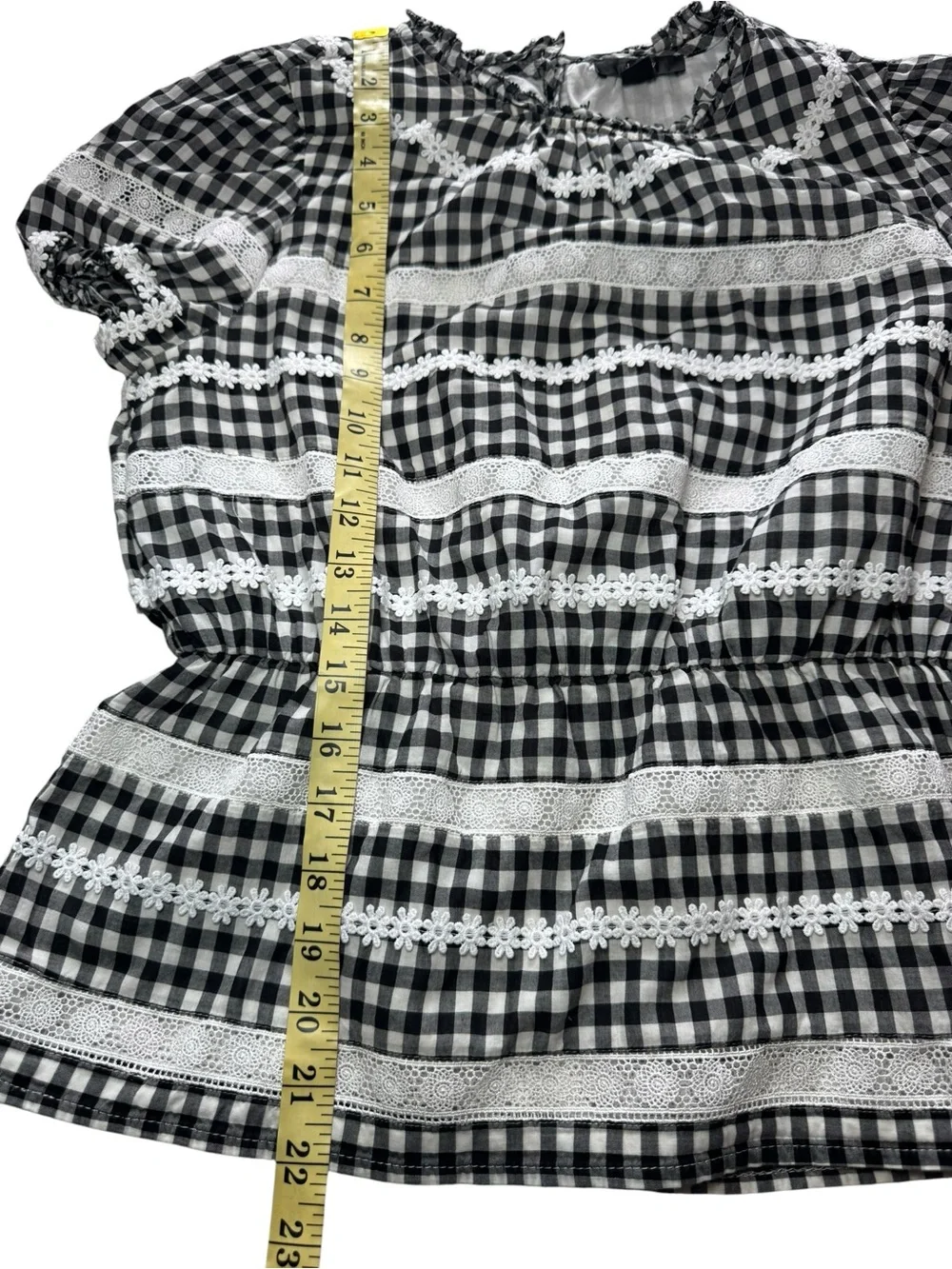 J. Crew Daisy Chain Black & White Gingham Smocked Waist Short Sleeve XS Top