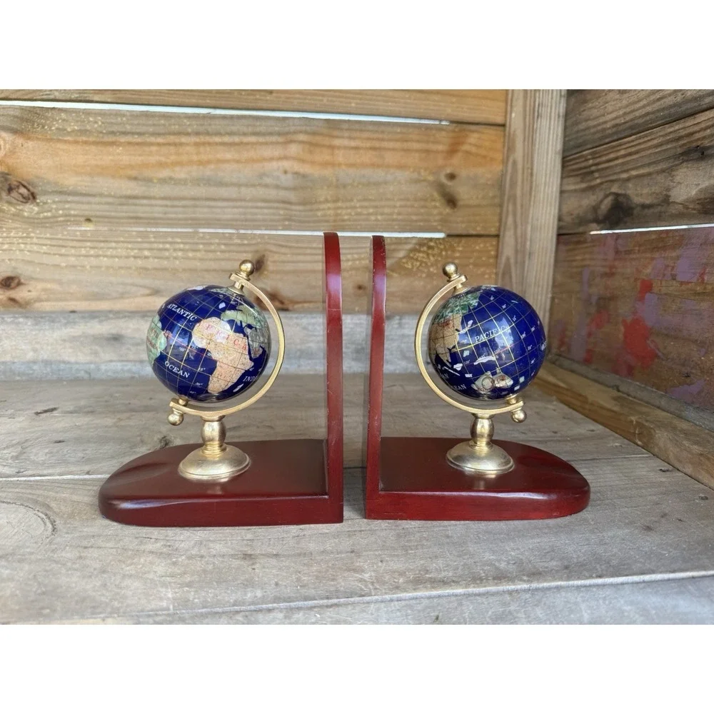 Vintage Gemstone World Globe Bookends, Brass meridian on Wood base