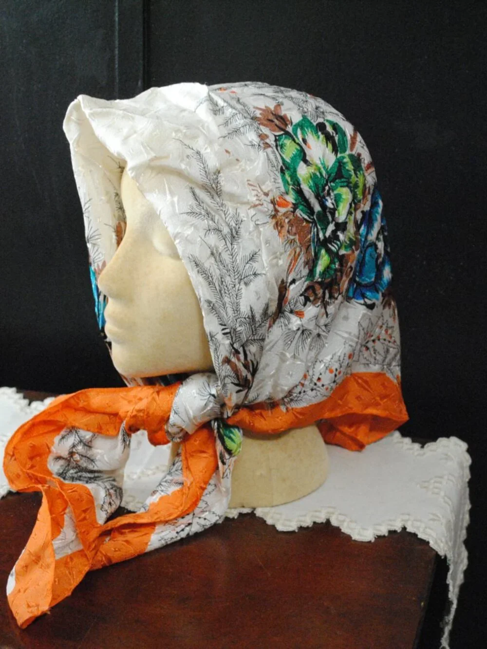 Vintage Large Floral 1950s Scarf made in Japan with Orange Border