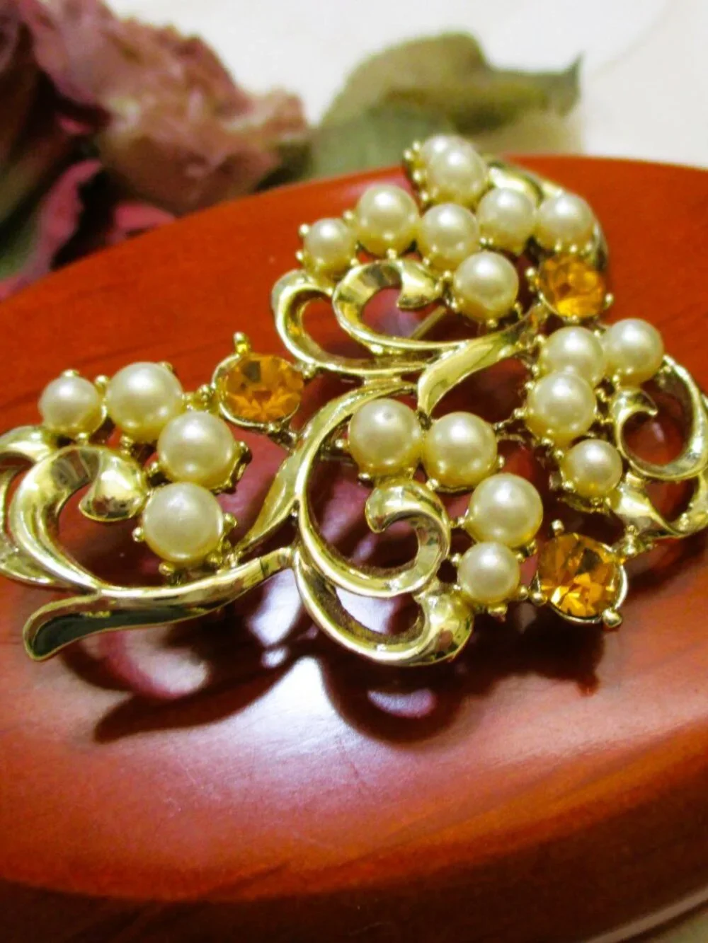 Vintage ART NOUVEAU Brooch: Goldenrod Rhinestone Pearl Swirl, Gold Plate