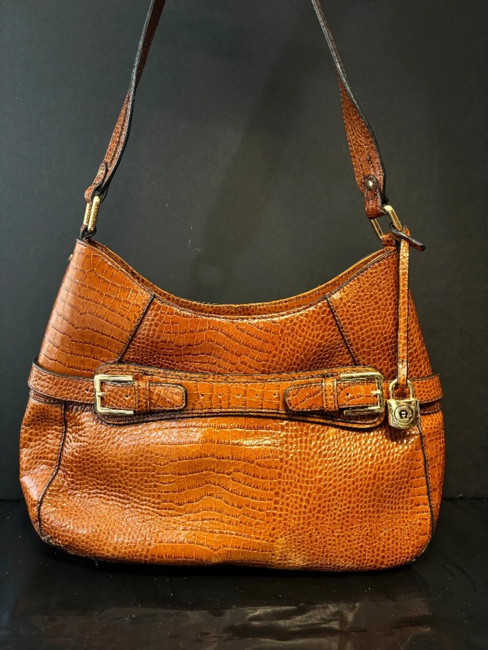 Etienne Aigner Brown Embossed Leather Shoulder Bag Croc Texture Classic Hobo