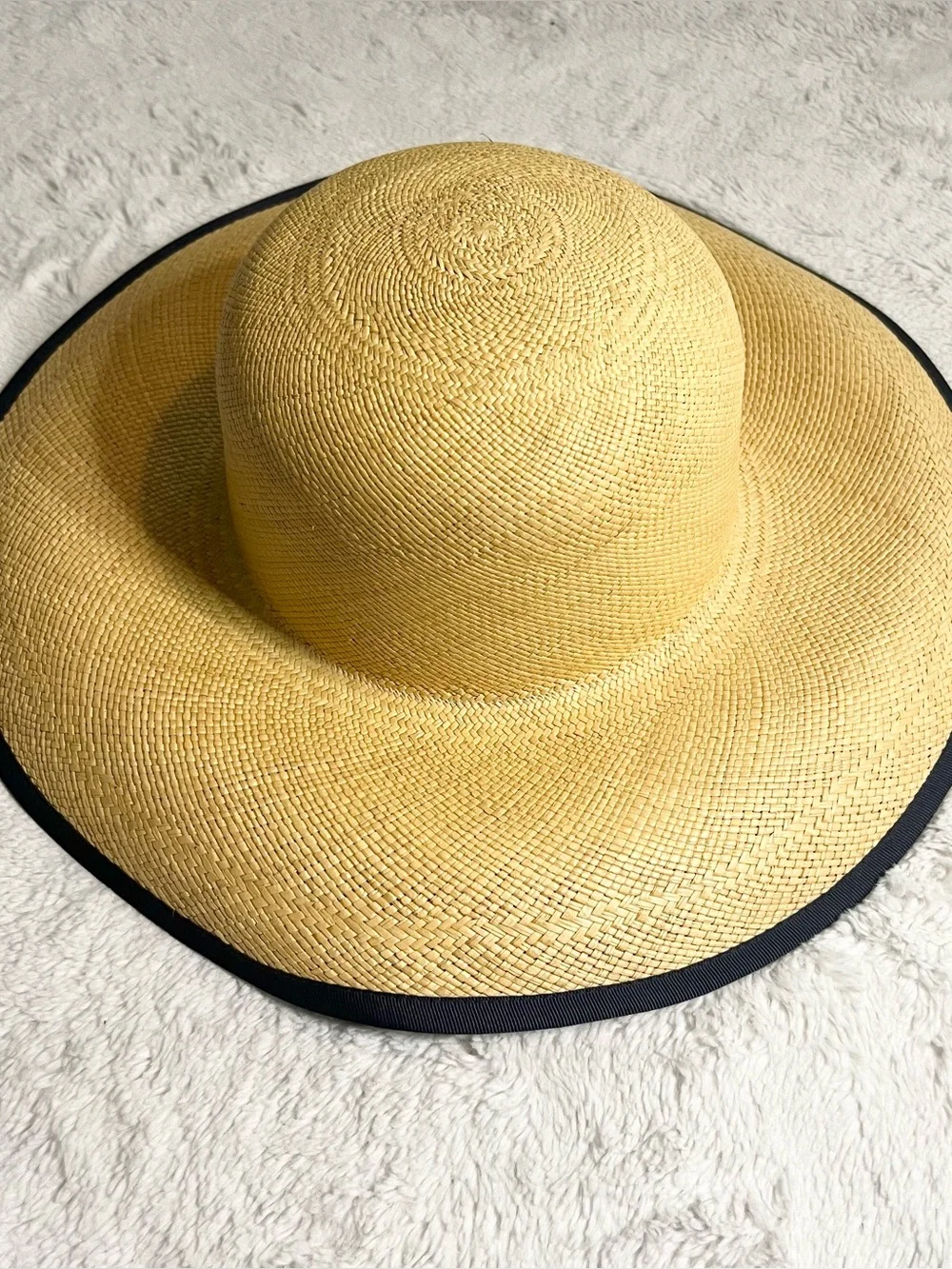 Vintage Charter Club Yellow Straw Sun Hat with Navy Blue Edge and Under Side
