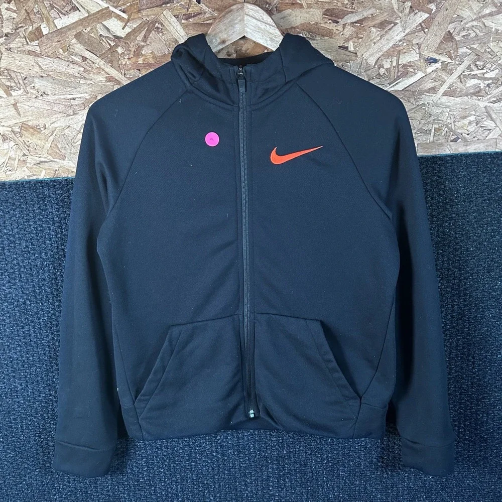 Nike Dri-Fit‎ Full Zip Hoodie Black Orange Swoosh Boys Large L Activewear Jacket