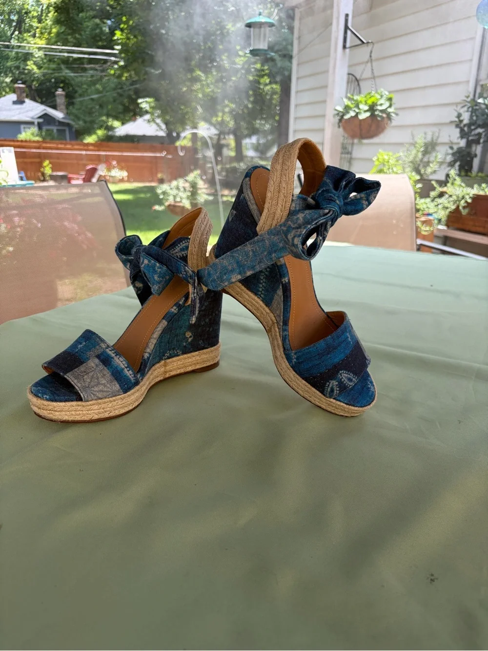 Polo by Ralph Lauren Blue Patterned Espadrille Wedge Sandals with Ankle Ties.