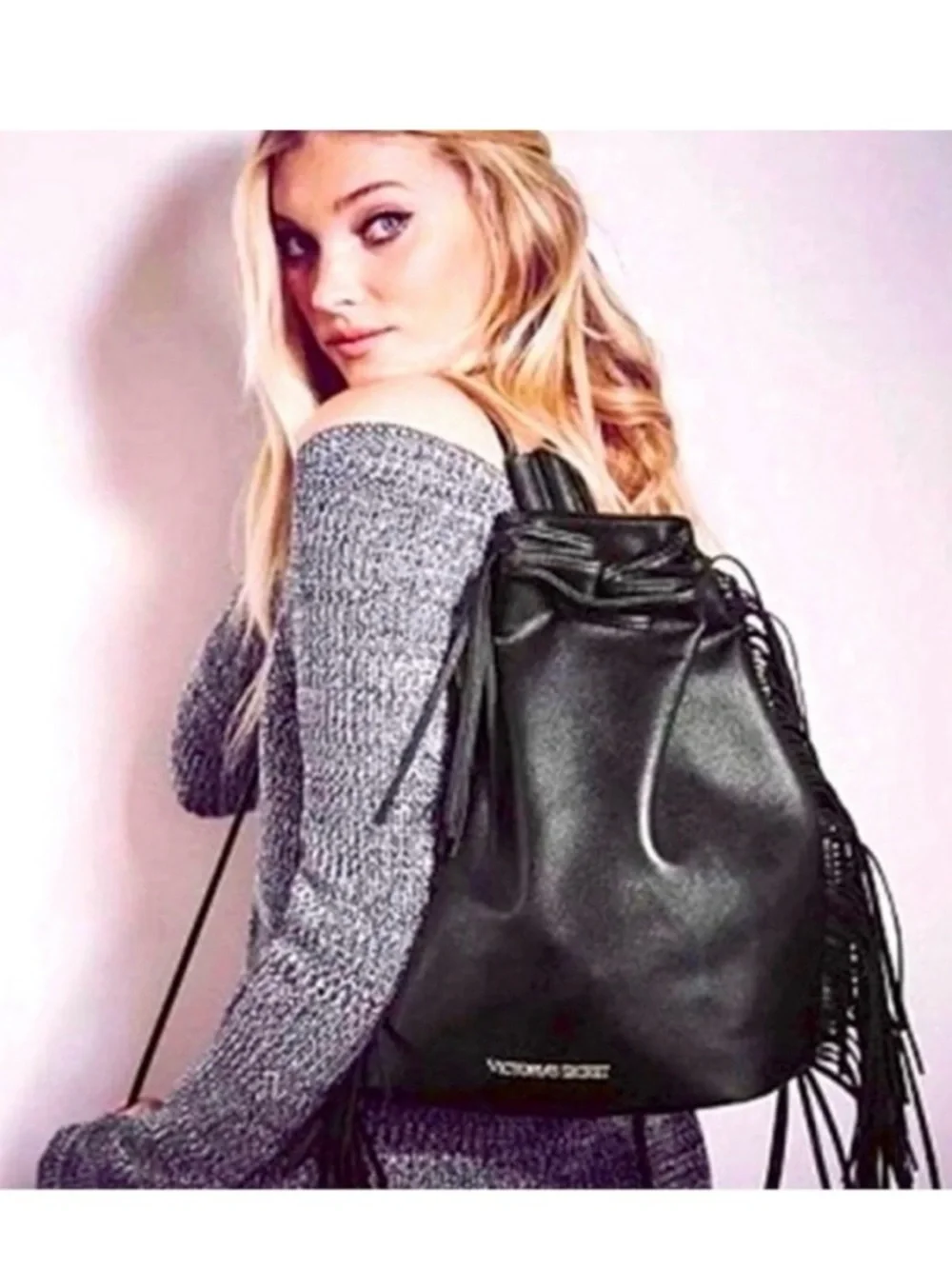 Victorias Secret Black Fringe Backpack Faux Leather