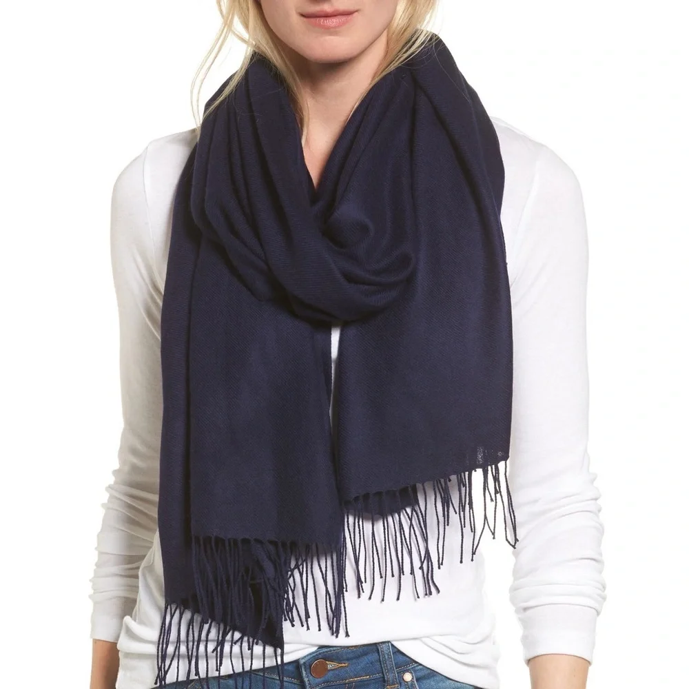 NORDSTROM WOOL AND CASHMERE FRINGED SCARF NAVY OS NWOT