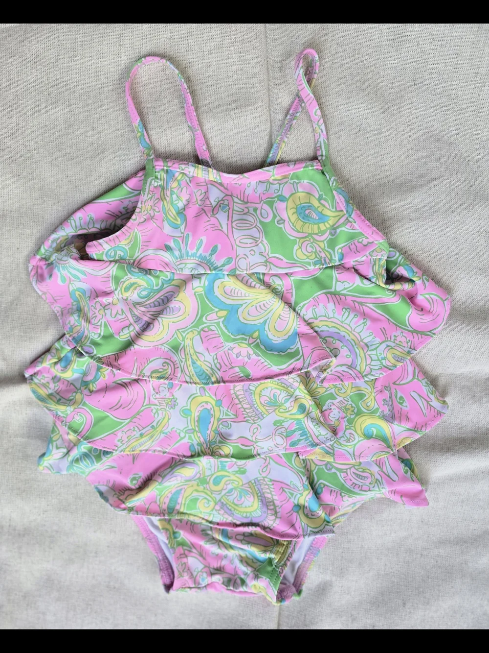 Lilly Pulitzer Pink, Green & Blue Paisley Ruffle Girl Swimsuit Infant 6-12 Month