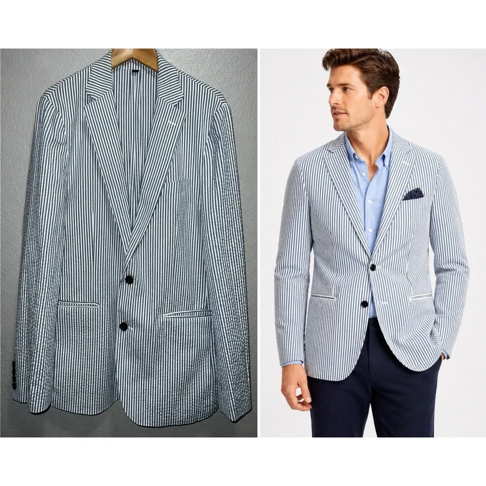 J. Crew Ludlow Unstructured Seersucker Blazer Mens 40R Blue White Strip Preppy