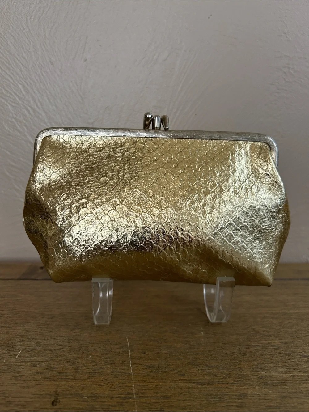 Vintage MCM Celebrity New York Gold Metallic  Clutch Bag. Pink Lined Made in USA