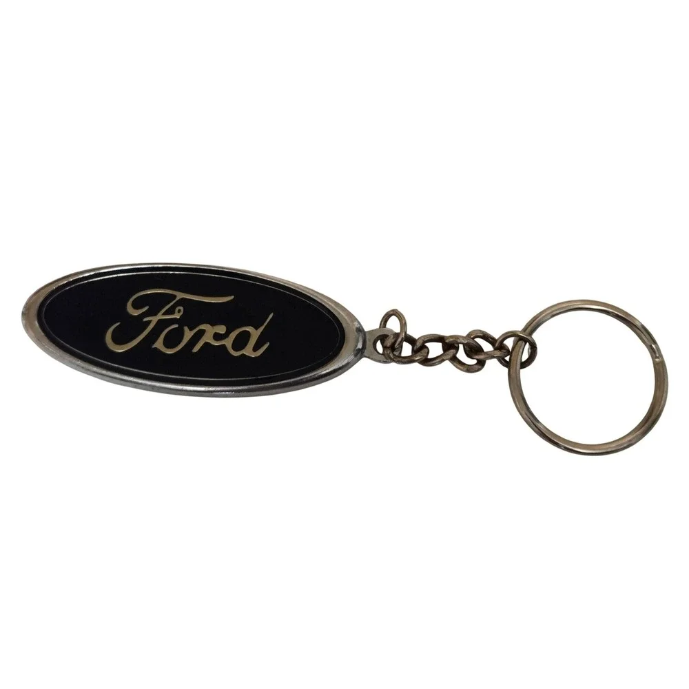 Ford Racing Oval Logo Keychain Black Enamel Silver‎ Tone Metal