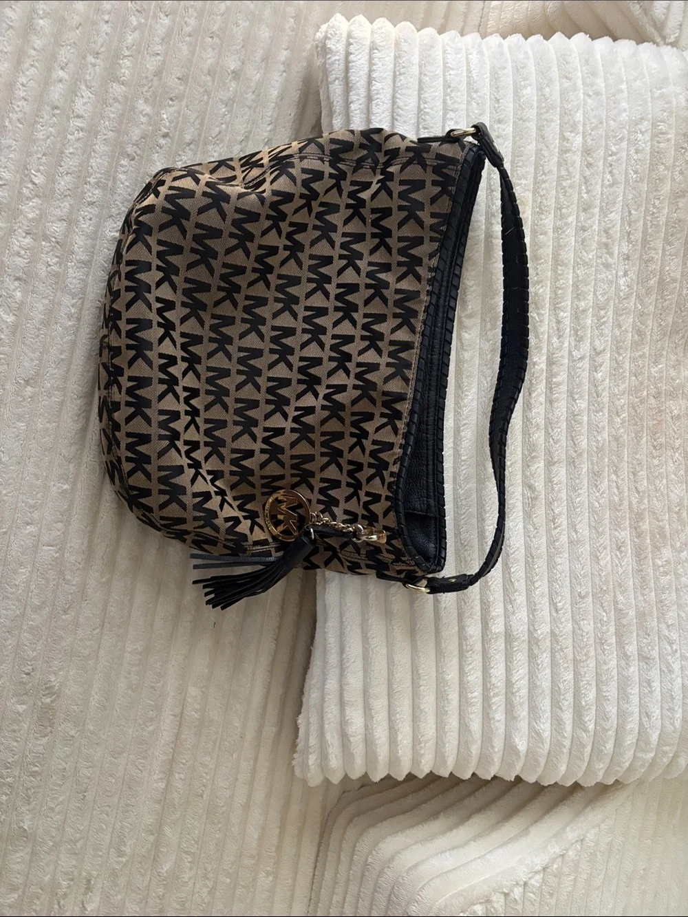 Michael Kors Black and Brown MK Logo Shoulder Hobo