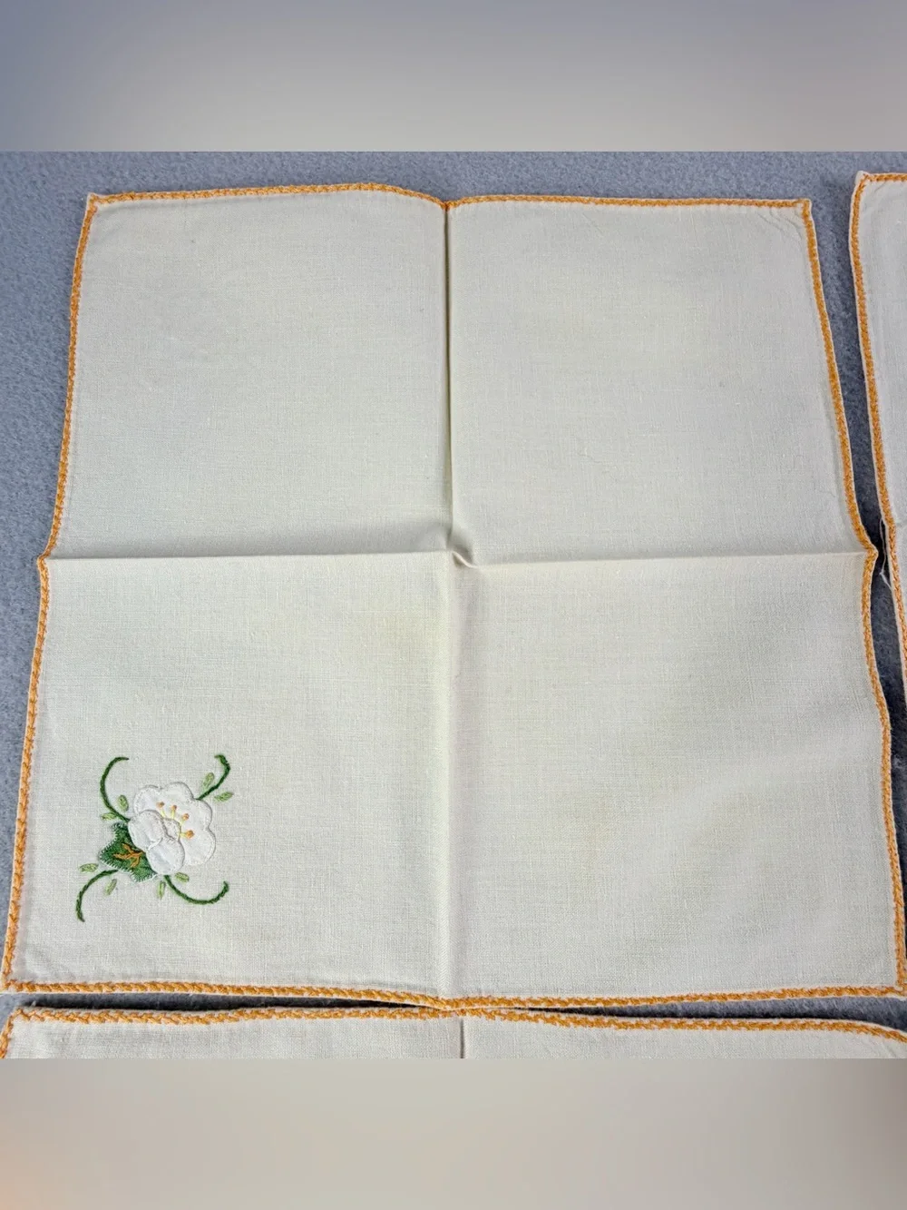 Vintage Ivory Embroidered Napkin Set 4 Floral Appliqué Handmade Cottagecore