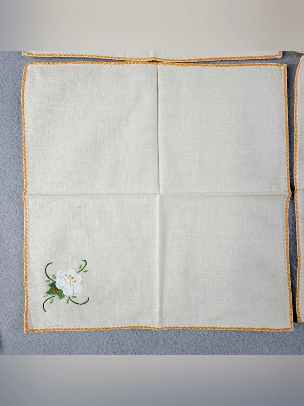Vintage Ivory Embroidered Napkin Set 4 Floral Appliqué Handmade Cottagecore