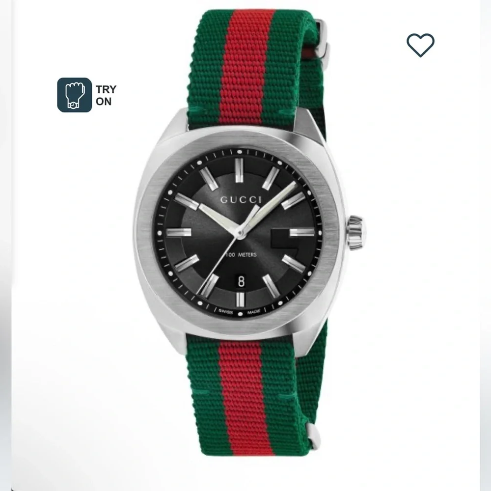Gucci Black Dial Stainless Watch with Green and Red Nylon Strap