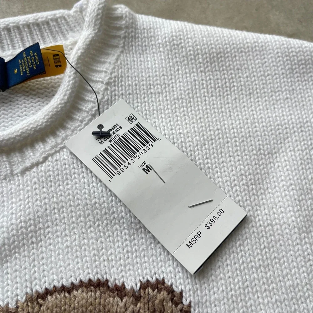 Polo Ralph Lauren Mens White Polo Bear Bicycle Intarsia Knit Sweater Size M NEW