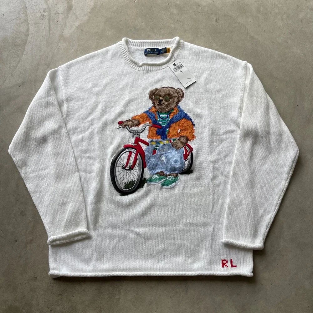 Polo Ralph Lauren Mens White Polo Bear Bicycle Intarsia Knit Sweater Size M NEW