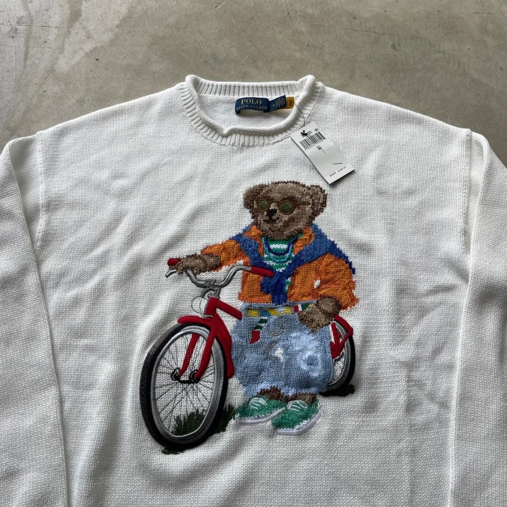 Polo Ralph Lauren Mens White Polo Bear Bicycle Intarsia Knit Sweater Size M NEW