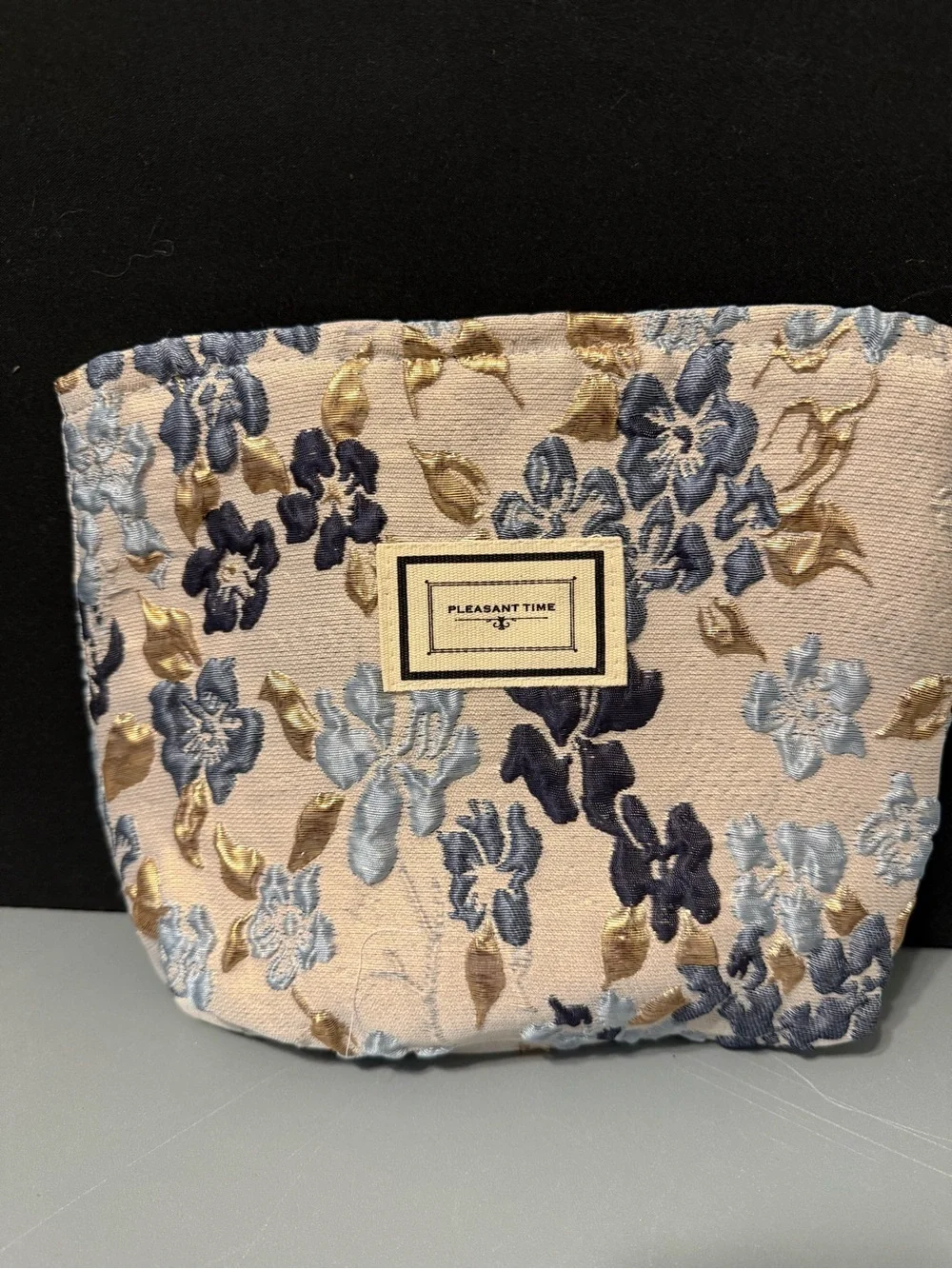Pleasant Time Floral Embroidered Cosmetic Bag - Blue & Gold Flowers