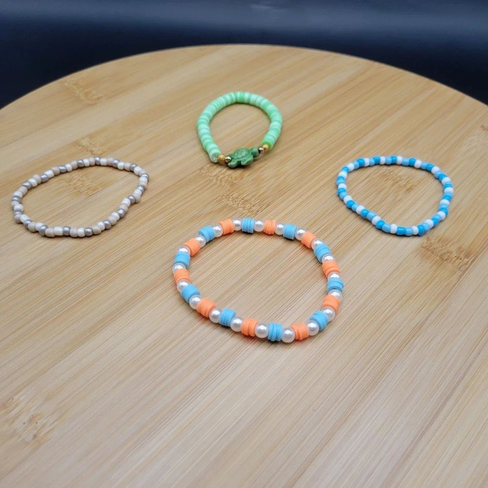 Handmade Clay Bead Seed Bead Bracelet Set of 4 Summer Turtle Theme Kids Jewelry