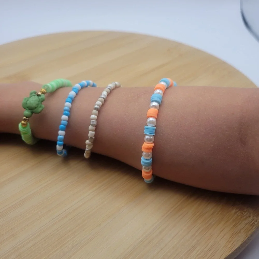 Handmade Clay Bead Seed Bead Bracelet Set of 4 Summer Turtle Theme Kids Jewelry