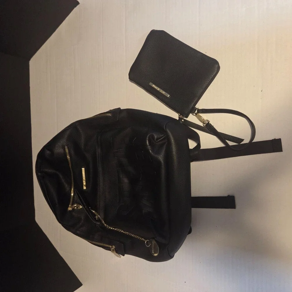 STEVE MADDEN Black Pebbled Faux-Leather Backpack Set