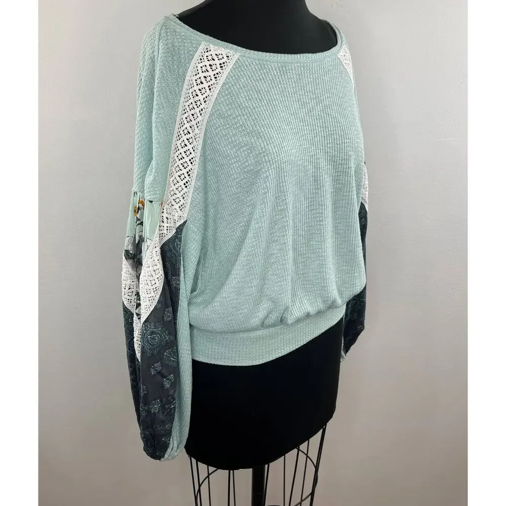 FREE PEOPLE Mint Blue Floral Printed Lace Trim Knit Pullover Shirt Top Boho XS