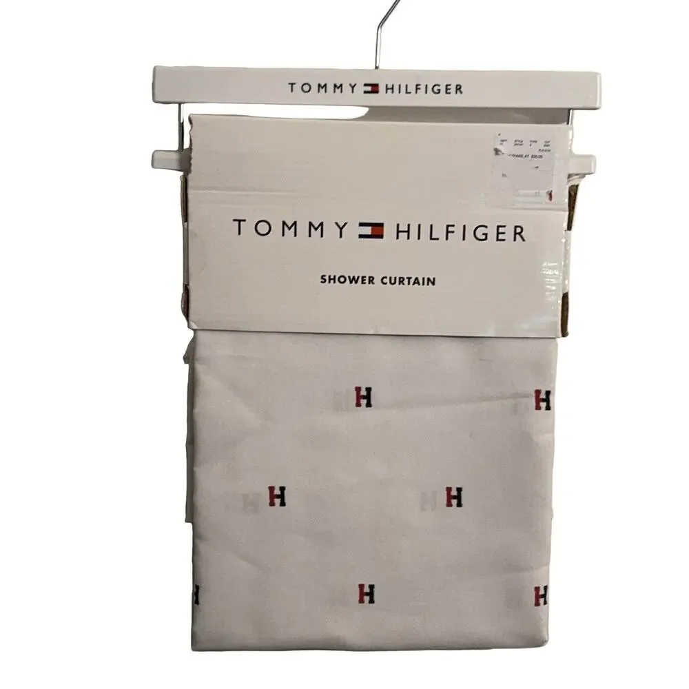 Tommy Hilfiger H Logo Shower Curtain White Red Black Accents preppy old money