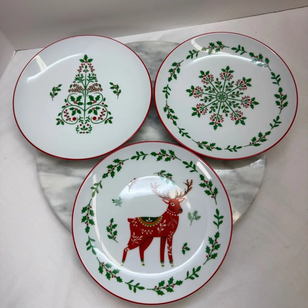 Bee & Willow Christmas Salad App Plates Set of 3 Reindeer Snowflake Tree‎ 7 Inch