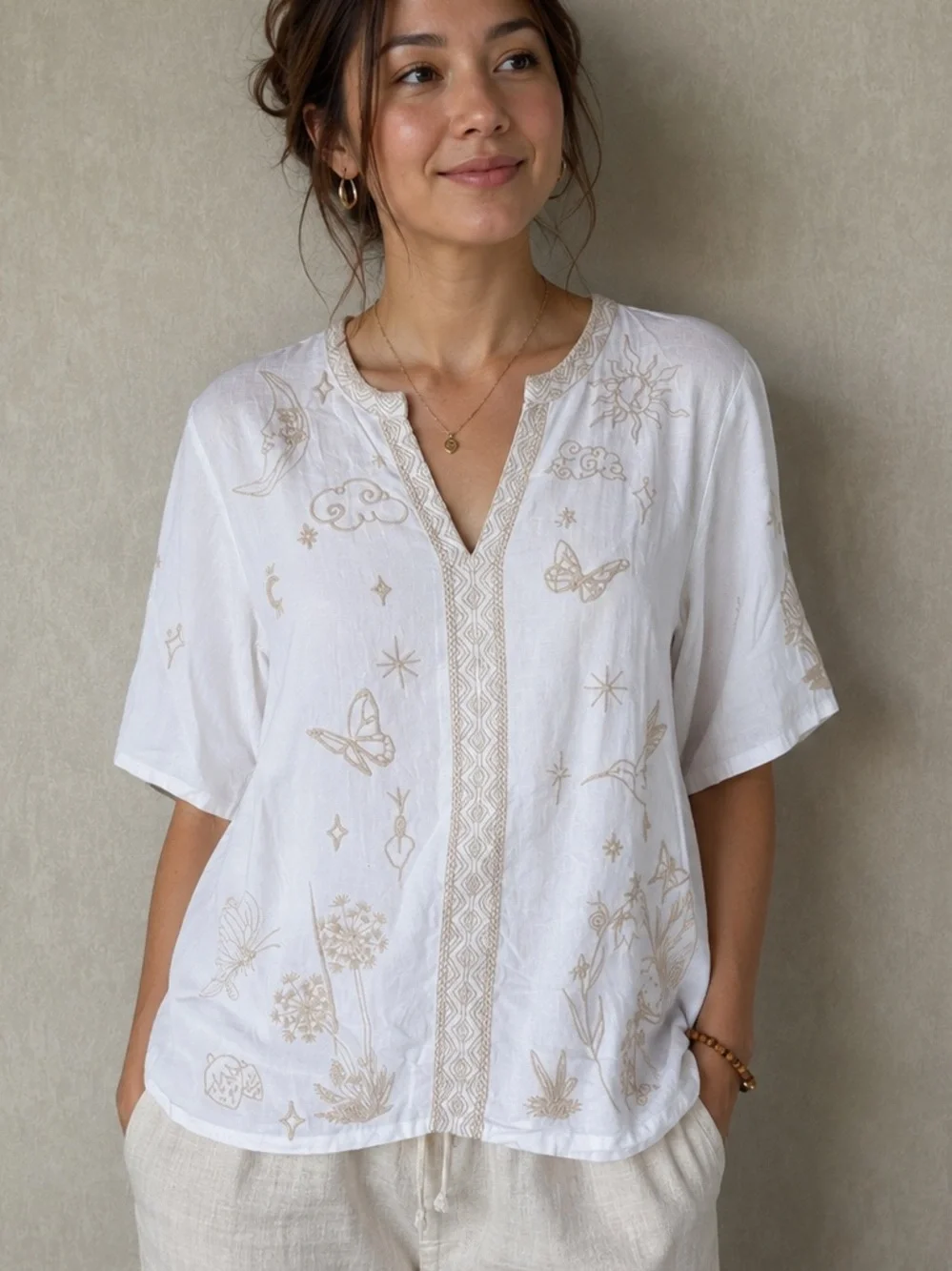 Johnny Was Women’s 100% Linen V-Neck Embroidered Top Shortsleeve in White XL