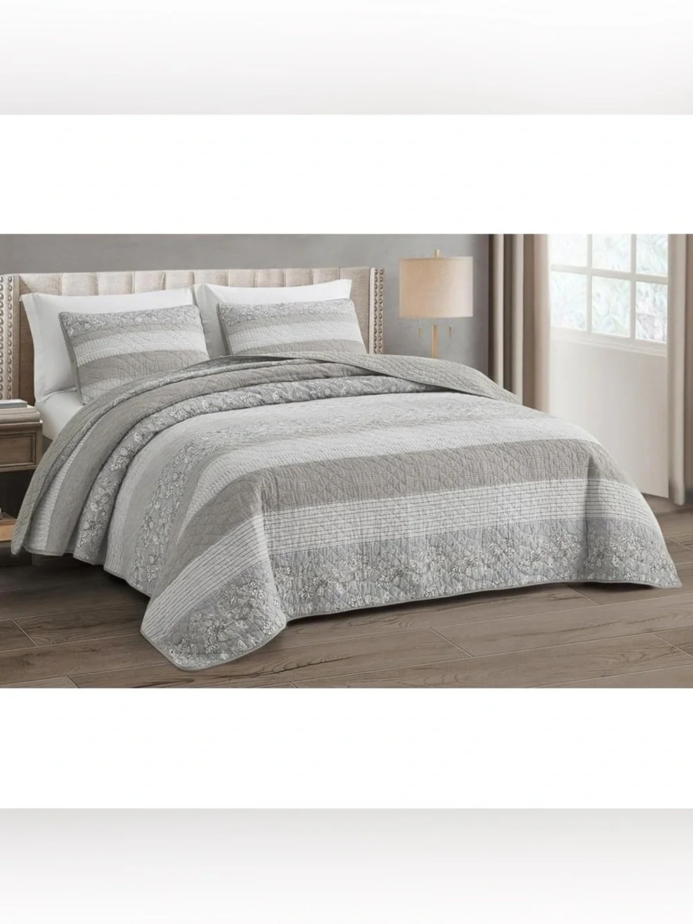 Gray Quilted Stripe oversized king Bedspread Set 100% cotton