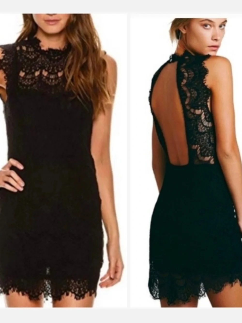 Free People Cotton Black Lace High-Neck Open-Back Mini Dress