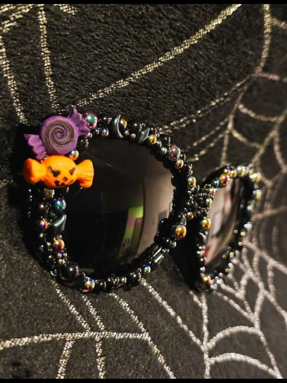 Hand-Embellished Black Beaded Toddler Sunglasses with Halloween Charm