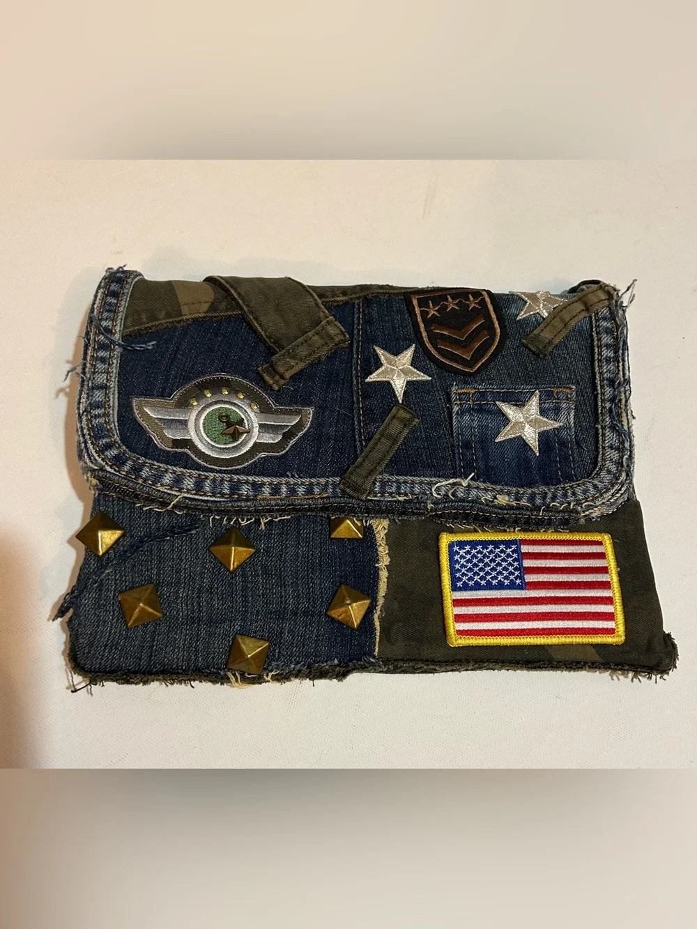 Handmade Upcycled Denim Camo Patriotic Clutch Wristlet USA Flag Eagle Military