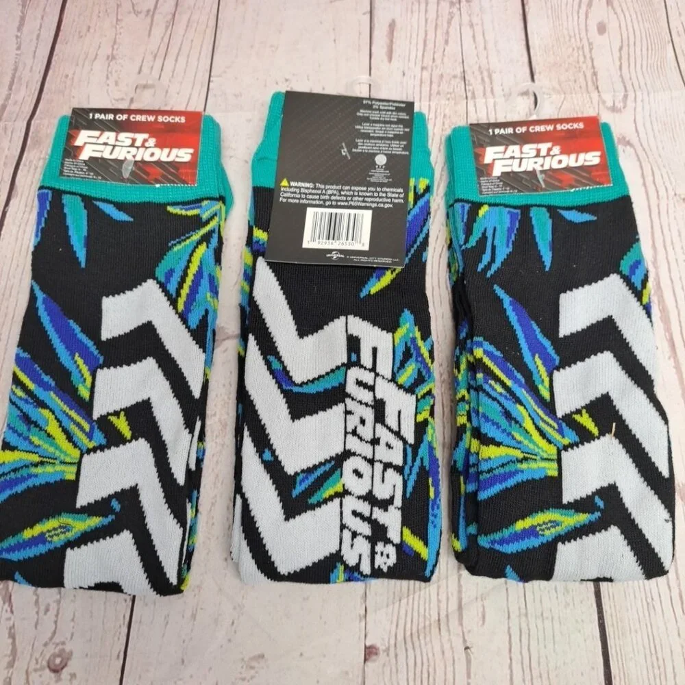 3 Pair Universal Studios Fast & Furious Crew Socks One‎ Size All Over Graphics