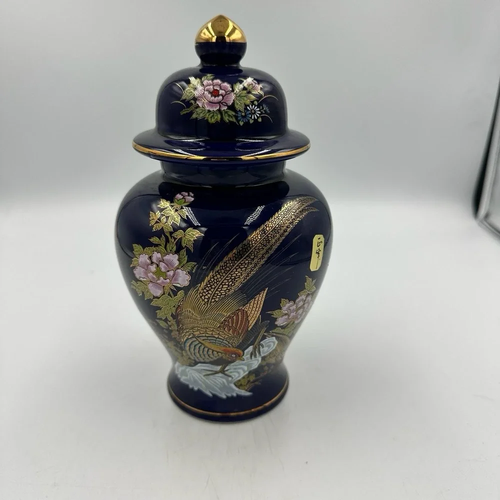 Vintage‎ Yamaji Japan Cobalt Blue Lidded Jar Gold Pheasant 8