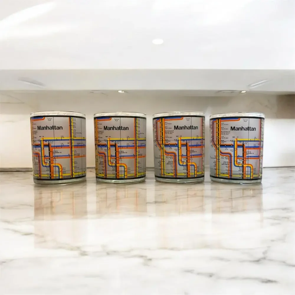 4 RARE BILL BLASS New‎ York City Subway Manhattan Map Whiskey Bourbon Glasses